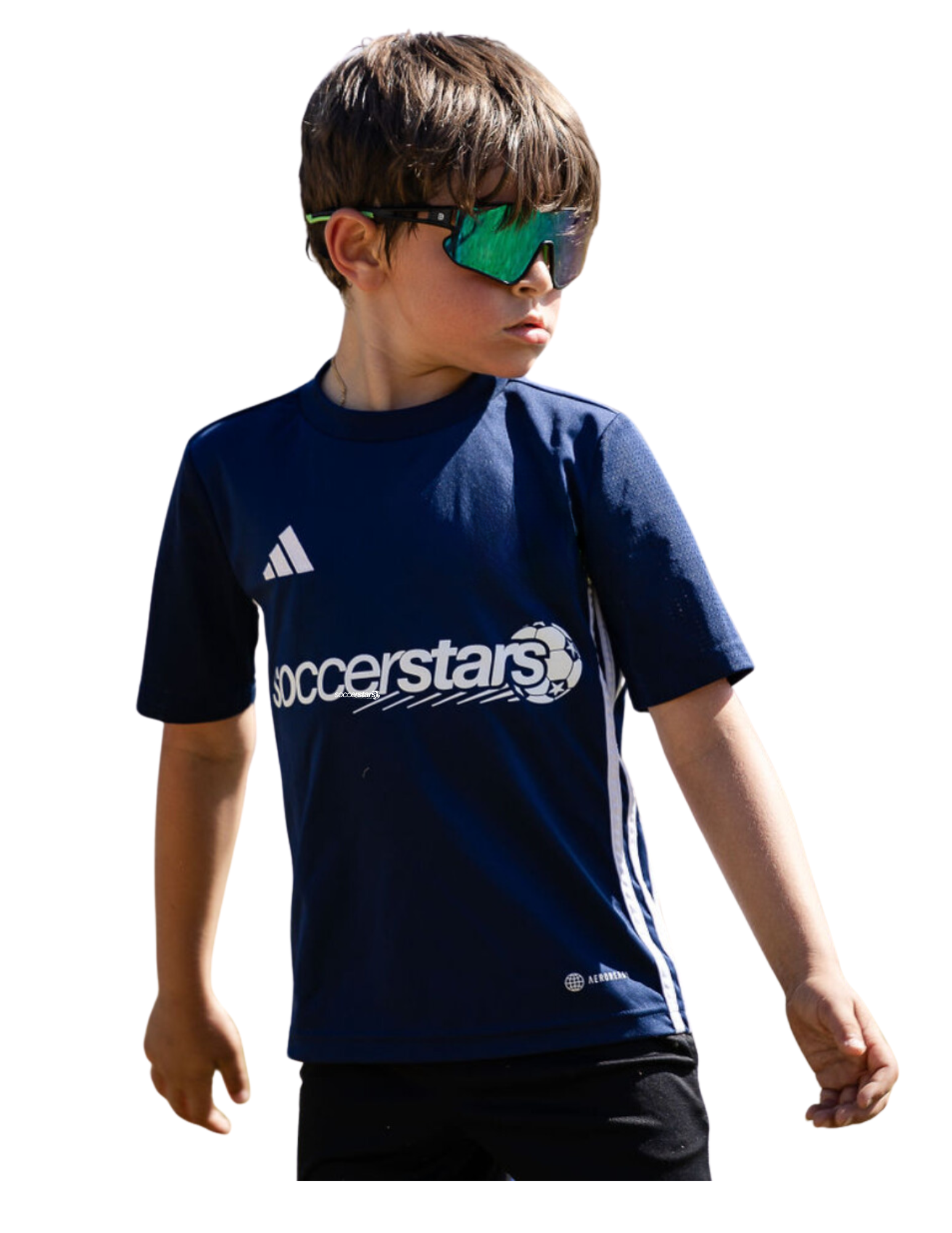 A School Spirit Soccer player wearing a navy Soccer Stars jersey
