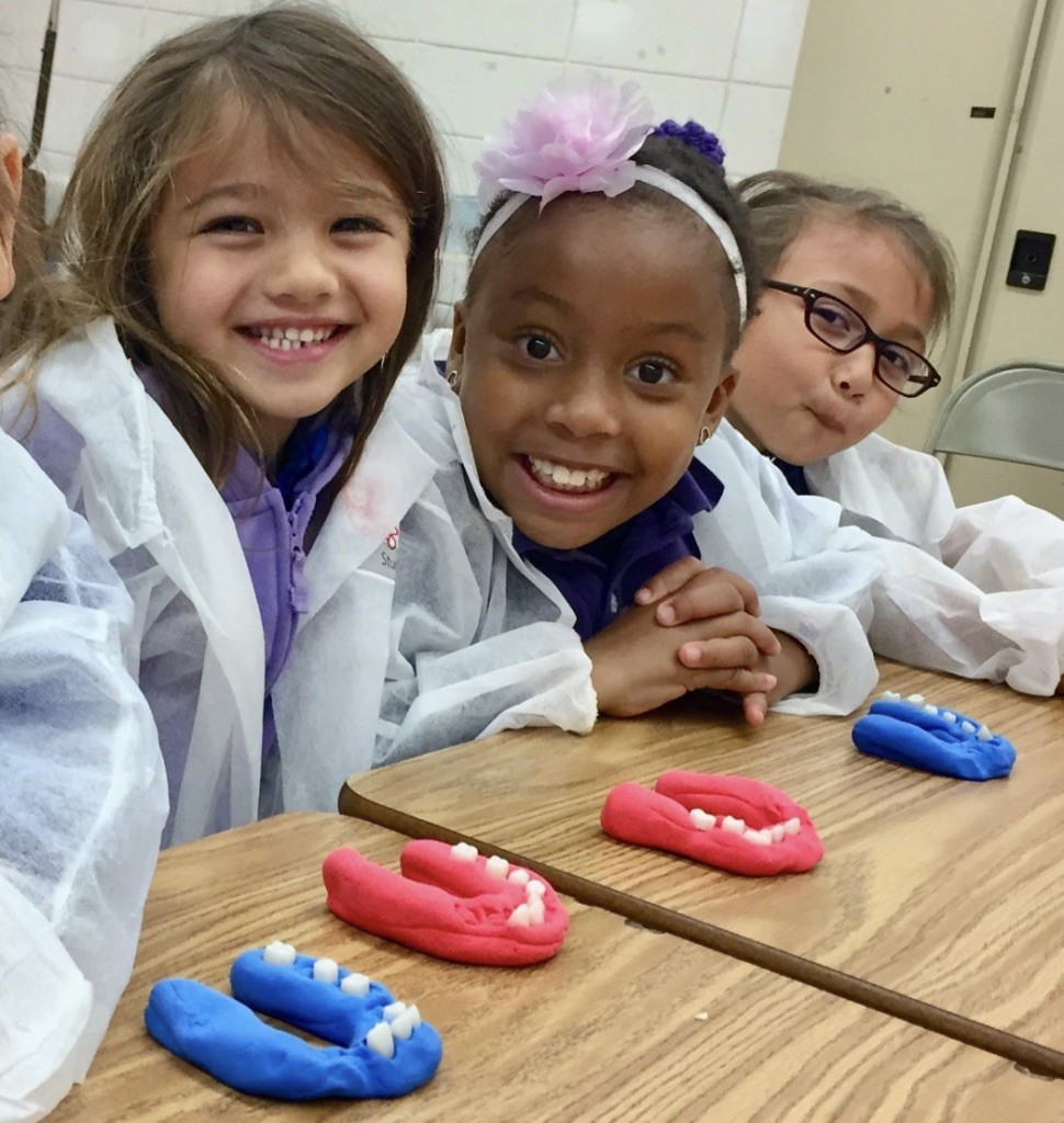 Three students smile beside the model teeth they made